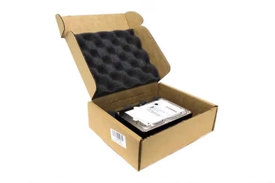 Package containing a data recovery device being prepared for shipping, with shipping labels and protective wrapping