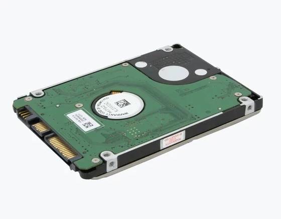 Back view of a 2.5-inch internal hard drive with green printed circuit board.