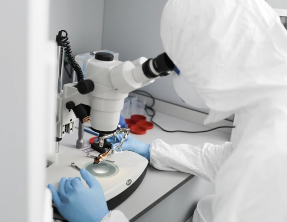 Technician in cleanroom suit examining a hard drive under a microscope