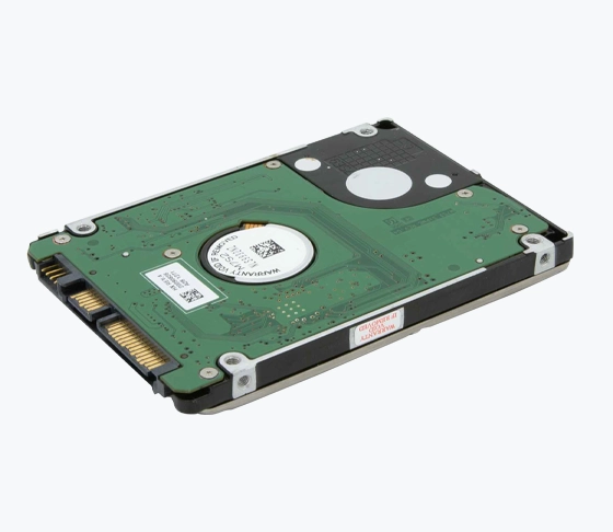 Back view of a 2.5-inch internal hard drive with green printed circuit board.