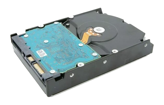 Internal hard drive with exposed blue circuit board and SATA connector.