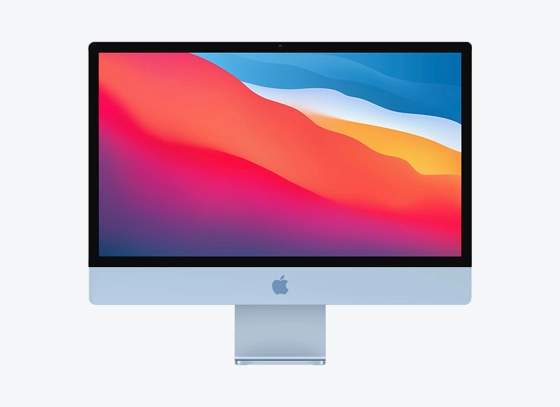 Front view of an Apple iMac desktop computer with a sleek silver stand and vibrant display featuring a gradient background in shades of orange, red, and blue.