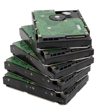 Stack of six internal hard drives with green circuit boards visible.