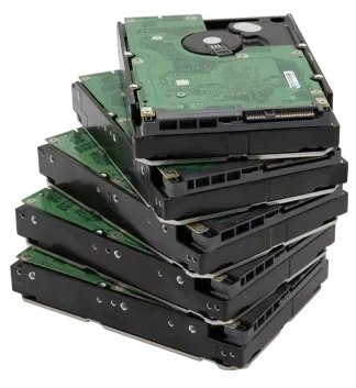 Stack of six internal hard drives with green circuit boards visible.