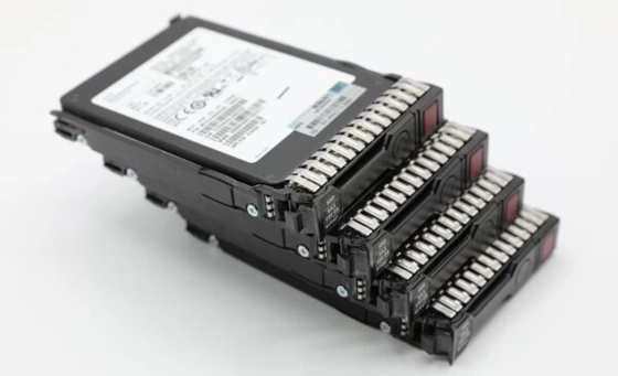 Stack of four enterprise hard drives with visible front connectors.