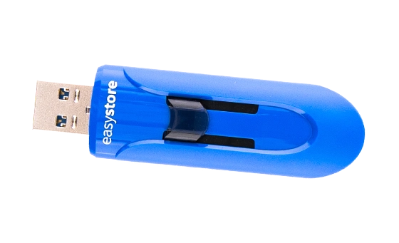 Blue easystore USB flash drive with retractable connector.