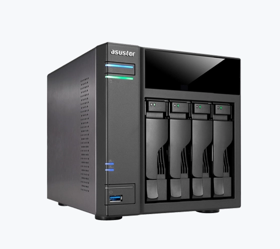 An Asustor NAS device with a compact design featuring four drive bays and front-facing ports.