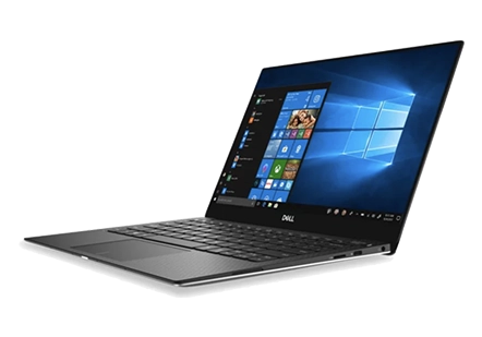 A sleek Dell laptop with a thin design, displaying the Windows 10 start menu on its screen.