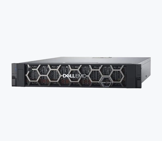 A Dell EMC PowerStore storage device with a sleek black design and a honeycomb-style front grille.