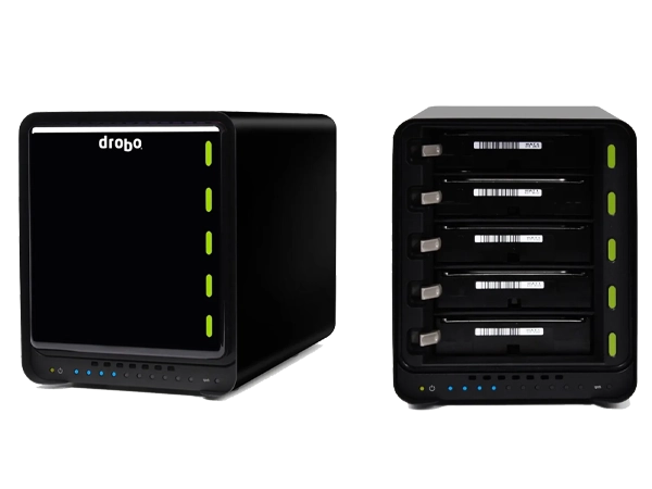 A Drobo 5N2 NAS device showing a closed view with green status lights on the front and an open view revealing five drive bays.