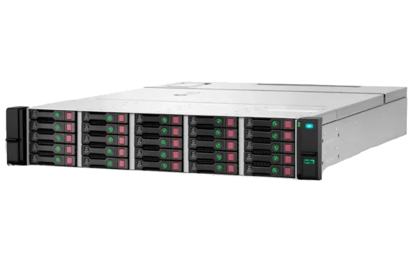 An HPE rack-mounted storage server with multiple drive bays featuring LED indicators for drive status.