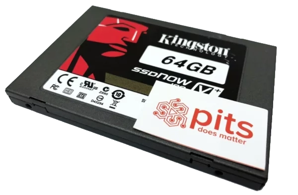 A Kingston SSDNow V+ 64GB solid-state drive with a PITS data recovery service card placed on top.