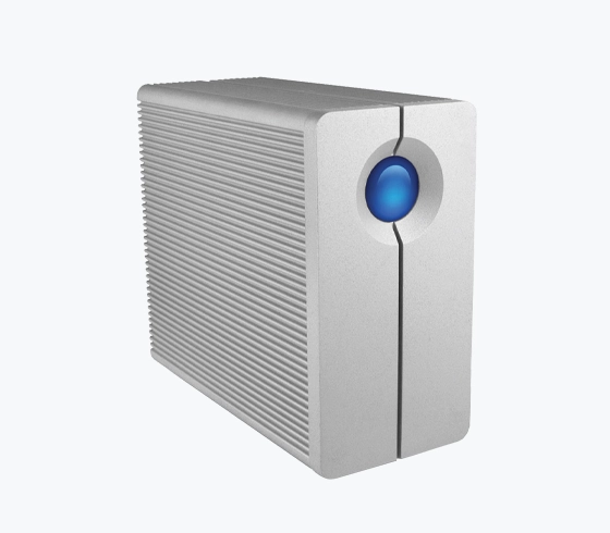 A sleek silver LaCie RAID storage device featuring a ribbed design and a signature blue LED light on the front.