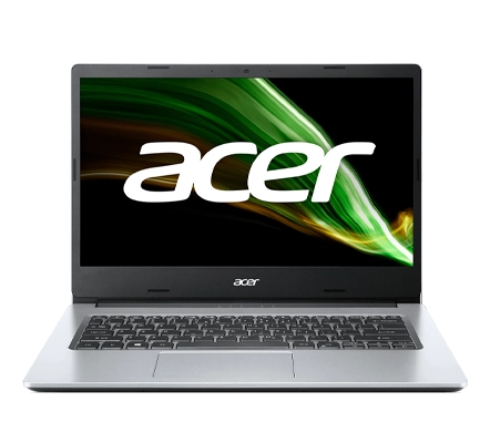 A front-facing view of an Acer laptop with a sleek silver body and black keyboard. The screen displays the Acer logo with a vibrant green and gold wave design on a dark background.