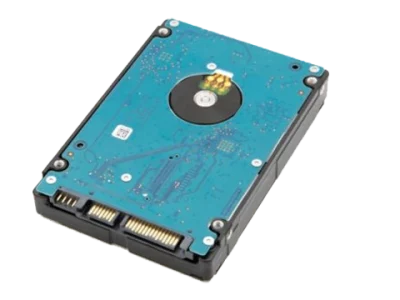 Internal hard drive with exposed blue circuit board and connector interface.