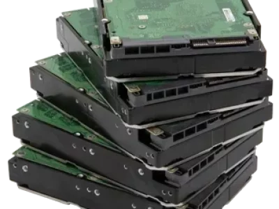 Stack of six internal hard drives with green circuit boards visible.